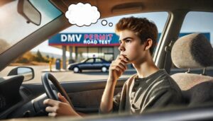 A realistic, wide aspect ratio image of a 16-year-old driver thinking about a behind-the-wheel driving test. The young driver is seated in a car, looking focused or slightly nervous, with a thought bubble above his head depicting a car, a steering wheel, and a DMV driving instructor in a passenger seat—representing the behind-the-wheel test. The background includes a DMV parking lot or testing area. The lighting is bright and natural, creating a realistic and focused atmosphere.